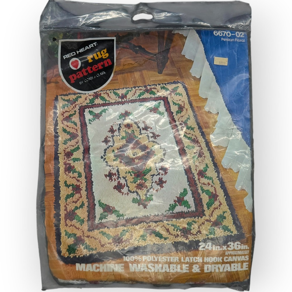 Red Heart‎ Persian Floral Latch Hook Rug Pattern Canvas 24x36 Vintage 6670-02